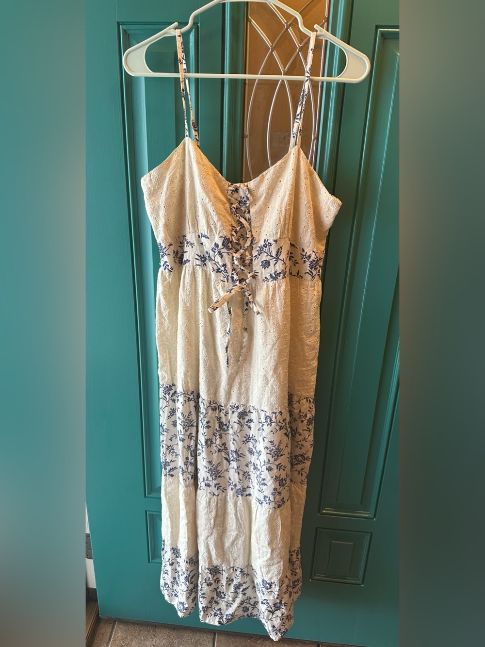 Sim & Sam Cream Blue Floral Eyelet Lace Up Tiered Boho Maxi Dress XLg